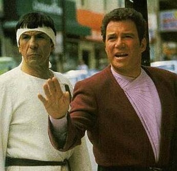 'Live long and...uh...'
Kirk fails to master the Vulcan salute
